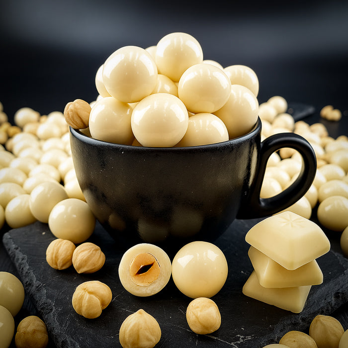 Dražejas ar lazdu riekstiem baltā beļģu šokolādē