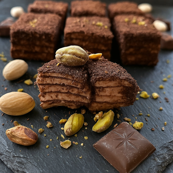 Lukuma tortīte ar šokolādi, vaniļu un pistācijām