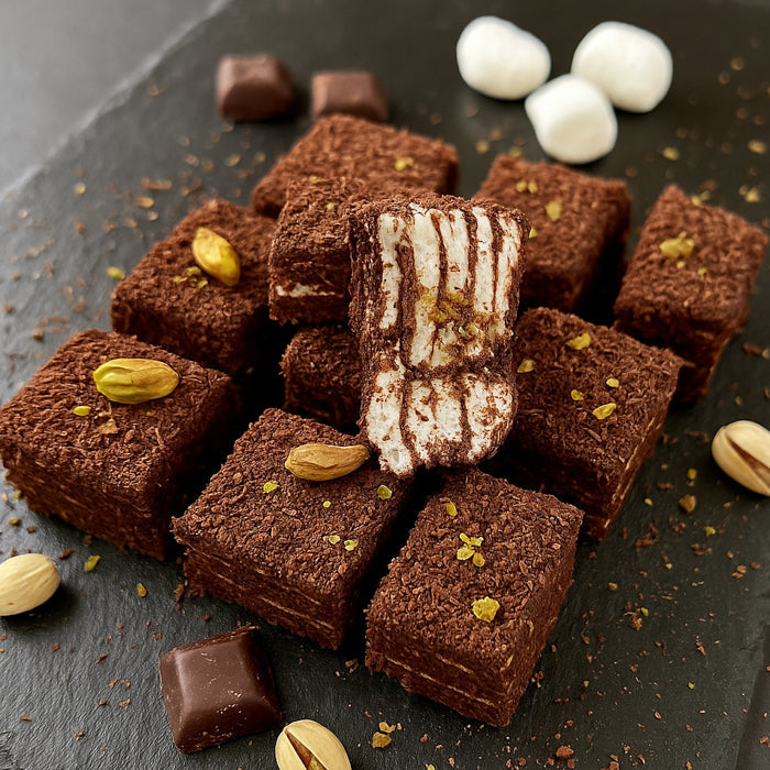 Lukuma tortīte ar šokolādi, vaniļu un pistācijām