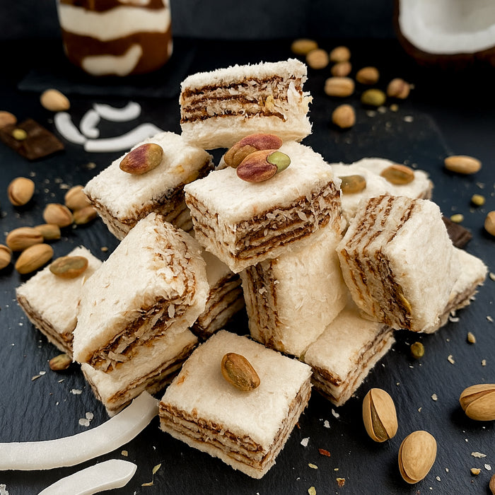 Lukuma tortīte ar kokosu un pistācijām