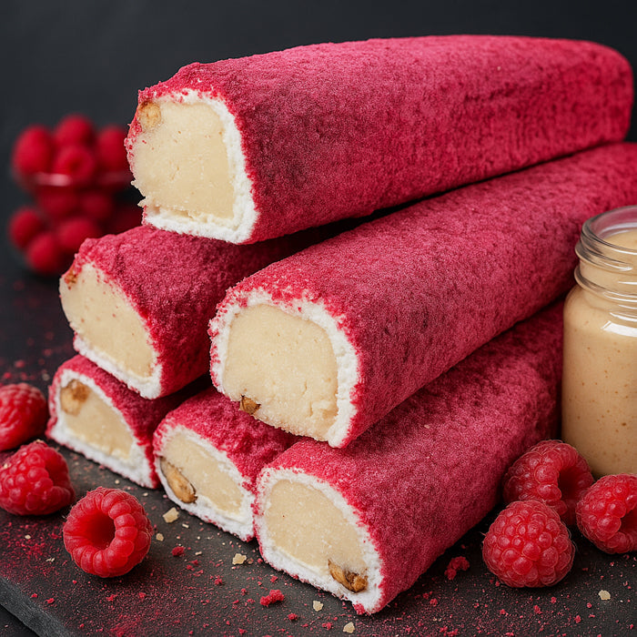 Lukums ar aveņu garšu, balto šokolādi un mandelēm