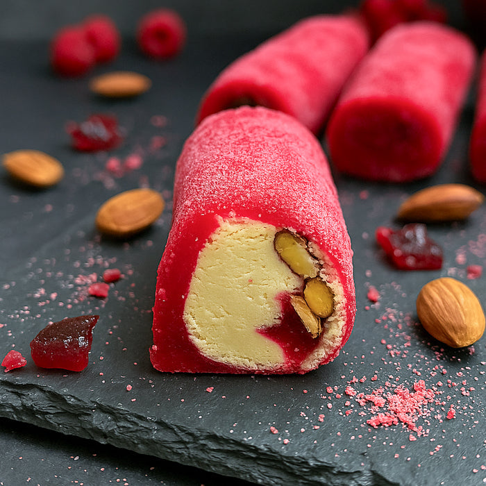 Lukums ar lazdu riekstu krēmu, mandelēm un aveņu pastilu