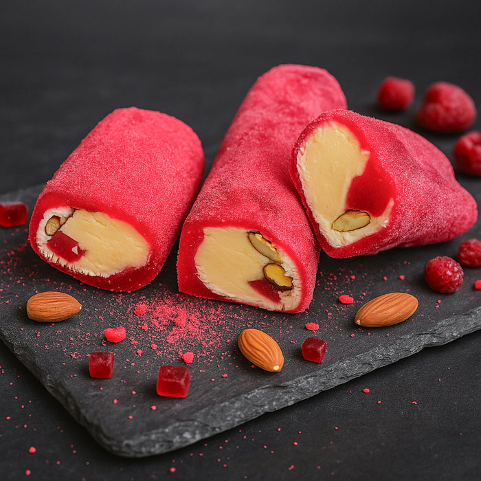 Lukums ar lazdu riekstu krēmu, mandelēm un aveņu pastilu