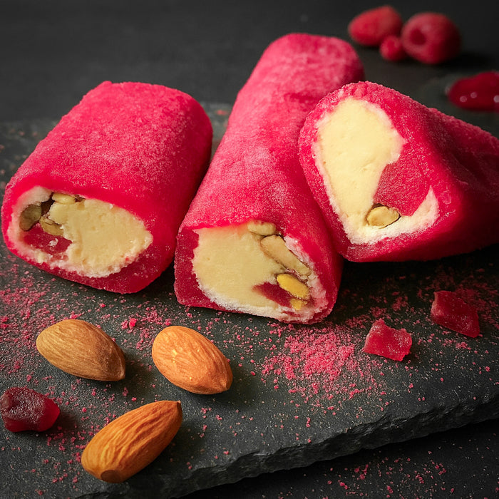 Lukums ar lazdu riekstu krēmu, mandelēm un aveņu pastilu