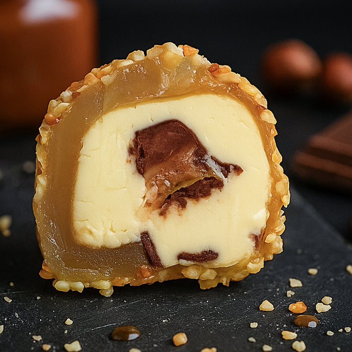 Lukums ar šokolādes-karameļu pildījumu un lazdu riekstiem