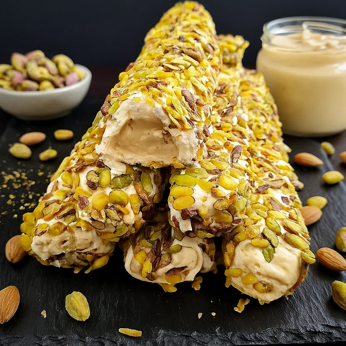 Vaniļas - piena lukums ar pistācijām un mandeļu kremu 