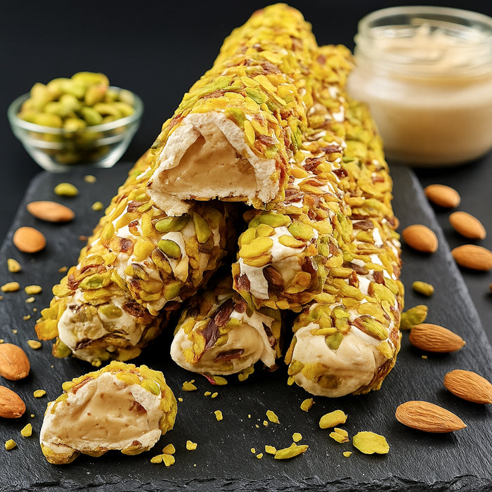 Vaniļas - piena lukums ar pistācijām un mandeļu kremu 