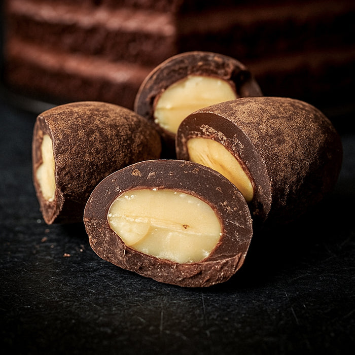 Veseli lielie mandeļu rieksti piena šokolādē ar kakao un šokolādes kūkas garšu